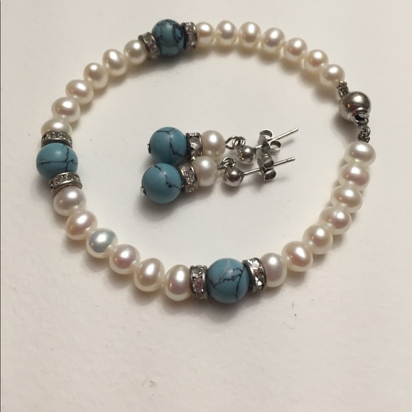 925 Sterling Silver Pearl & Turquoise earrings, bracelet, necklace - Picture 2 of 7